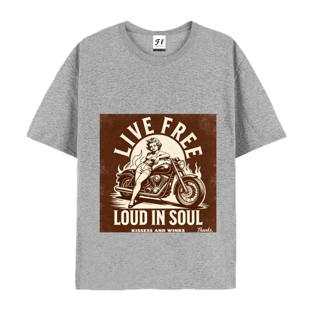 Live Free Loud In Soul Retro Biker Graphic Tee Vintage Motorcycle Pin Up Print Casual Streetwear For Men