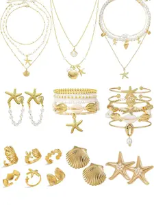 32 Pcs Starfish Seashell Layered Jewelry Set for Women Layer Necklace Bracelets Stackable Shell Starfish Rings Stud Earrings Pearl Beach Vacation Accessories