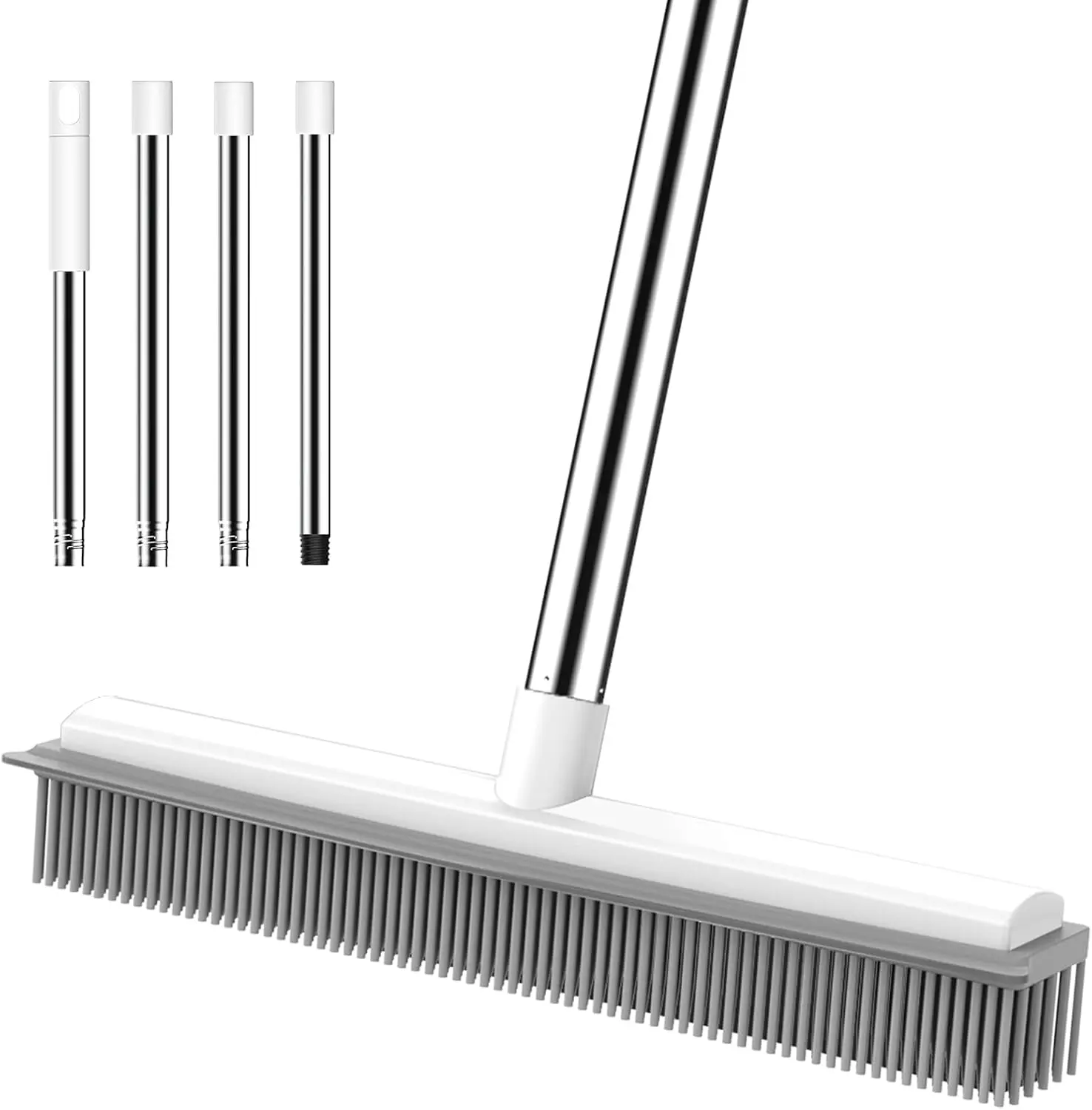 Rubber Broom, 2 in 1 Pet Hair Removal Broom with Squeegee 51-in Adjustable Long Handle Carpet Broom for Cleaning Carpet Hardwood Floor Tile Window, Grey&White