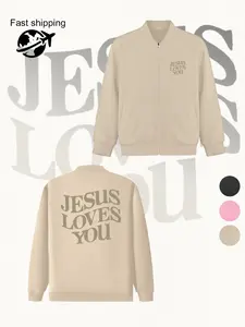 Jesus Loves You Letter Print Zip Jacket - Faith-Inspired Casual Women's Coat, Trendy Outerwear, Perfect Fall & Winter Layering
