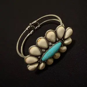 Vintage Turquoise & Ivory Cluster Cuff Bracelet -076