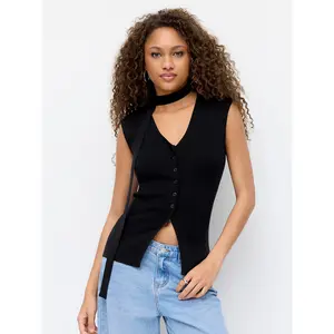 Cider Knit V-neck Solid Button Split Tank Top With Scarf