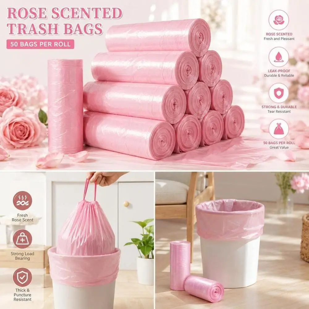 Pink Drawstring Trash Bags, 100-Pack PE Plastic Medium-Size 4-5 Gal Heavy-Duty Leakproof Pouch Liners for Daily Home Households Bathroom Use