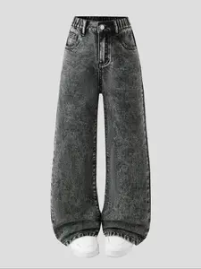 Fashion Classic Girl Jeans, Bottom, Solid Color Loose Wide Leg Fit for All Leg Types, Elastic Waist, Unique Snowflake Design, Punk Style