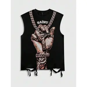 Street Life Summer Party Casual Graphic Men'S Casual Palm Print Crew Neck Sleeveless With Tassel Hem, Summer, 2000S Style