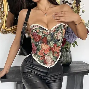 Women Retro Vintage Floral Strapless Bustier, Sweetheart Neck Lace Trim Lace-Up Corset Top, Casual Party Y2K Flo，resin corset topral Tube Crop Shaping Blouse Evening