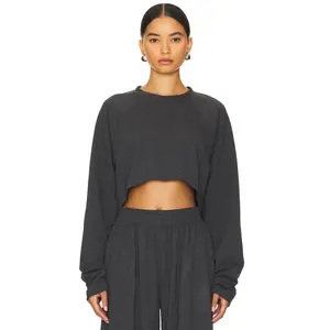 Norma Kamali Oversized Raglan Sleeve Cropped Top in Dark Heather Grey
