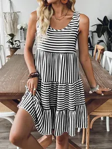 Summer New Plus Size Women's Short Dress, Casual Comfortable Round Neck Sleeveless Striped Print, Beach Vacation Style, Home Wear
