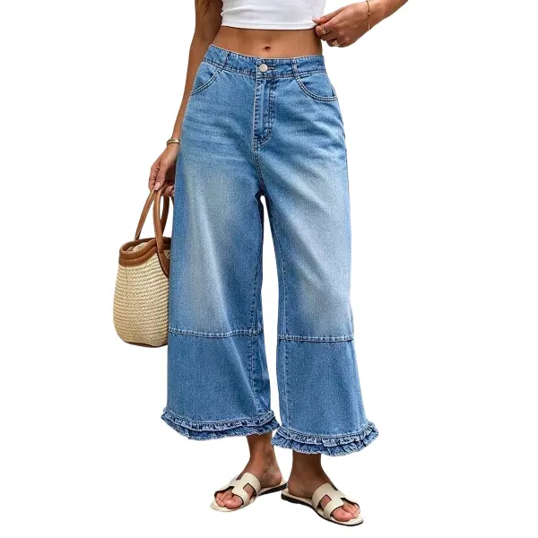 Flamingals Wash Stitch Detail Ruffle Hem Mid Rise Wide Leg Crop Jeans Womenswear Stretchy 24" Inseam
