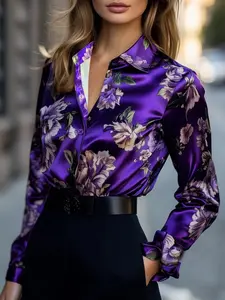 Elegant Women's Satin Fitted Shirt, Casual Classy Elegant, Casual Elegance Style, Floral Print Long Sleeve Blouse, Spring & Fall Woven Fabric, Moderate Fit