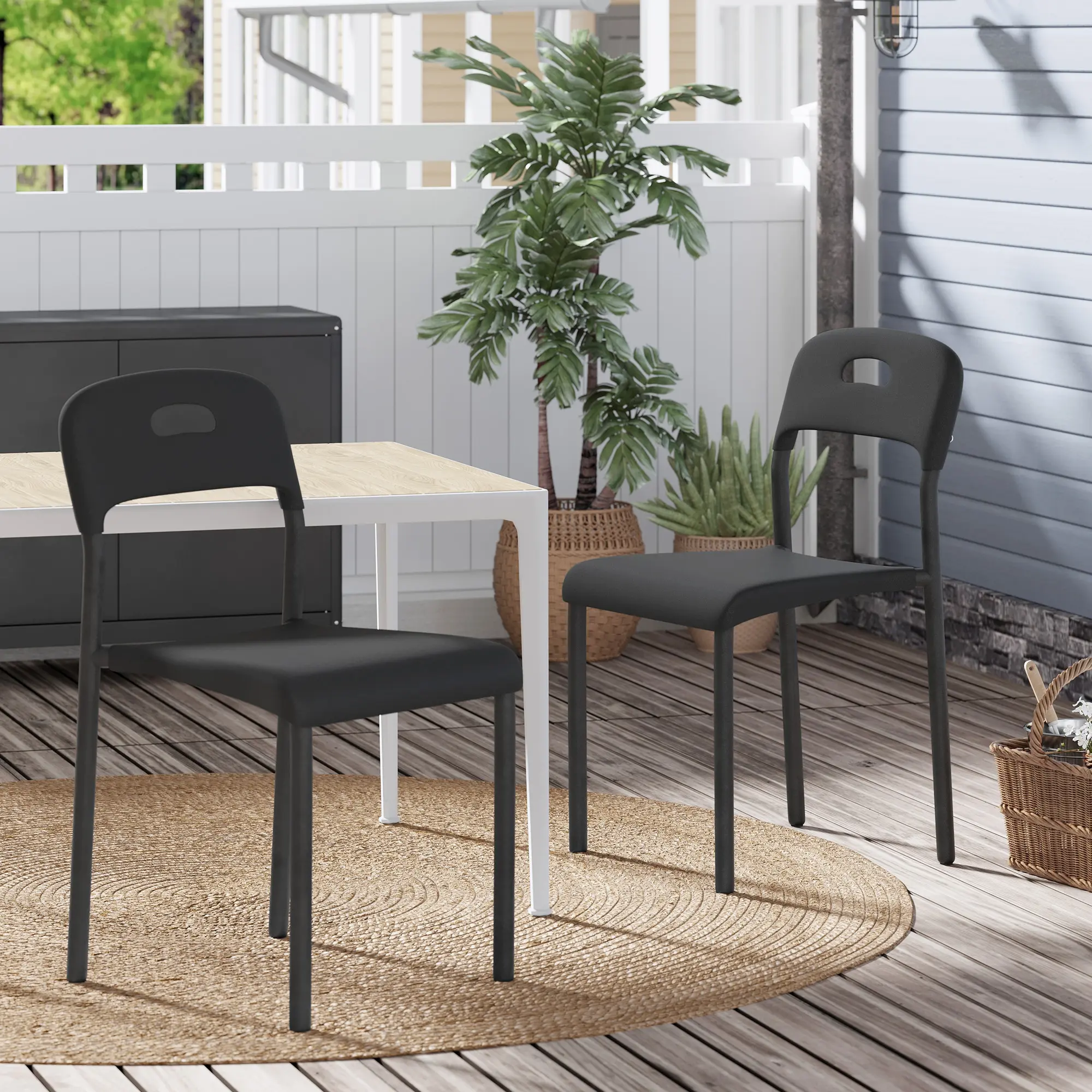 Minimalist Armless Stackable Plastic Dining Chairs - 2-Seat Dining Room Furniture, Ergonomic Curved Back, Metal Legs, Waterproof, Mark-Resistant, Quick Setup, Easy Assembly, Indoor/Outdoor Use, White/Black