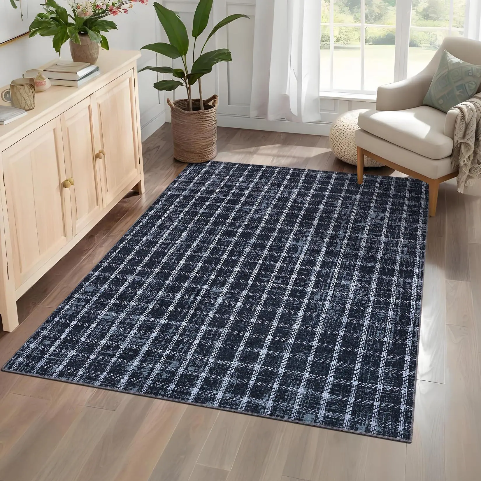 5x7 Geometric Checkered Runner Area Rug, Modern Farmhouse Blue Machine-Washable Non-Slip Throw Carpet for Home, Kitchen