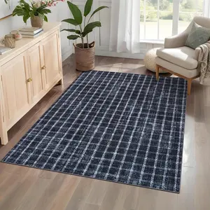 3x5 Runner Rug, Modern Washable Non-Slip Kitchen Rug with Geometric Checkered Print, Washable Material Throw Carpet for Home Office, Blue