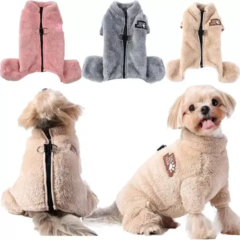Solid Soft Fleece Dog Coat - 4-Leg Covered, D-Ring Zipper Design, Easy Wear Winter Plush Pet Overall for Small-Medium Dogs (XS-S-M-L-XL)