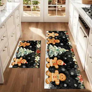 2Pcs Christmas And New Year Watercolor Printed Kitchen Rug Set Gingerbread Man Christmas Tree Mat Set Farmhouse Kitchen Carpet Restaurant Floor Laundry Room Decoration Carpet Mat