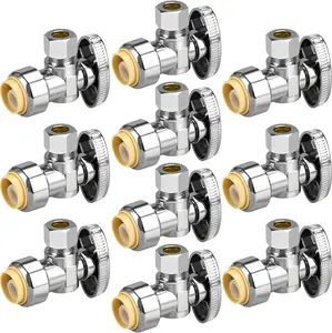 1/2/5/10/20pcs Stop Valves, 1/2"  3/8" Angle Stop Valve, 1/2" PTC Input, 3/8" OD Compression Output, Push to Connect, 1/4 Turn, Chrome Plated Brass for Faucet, Toilet Valves, No Lead (10pcs Angle)