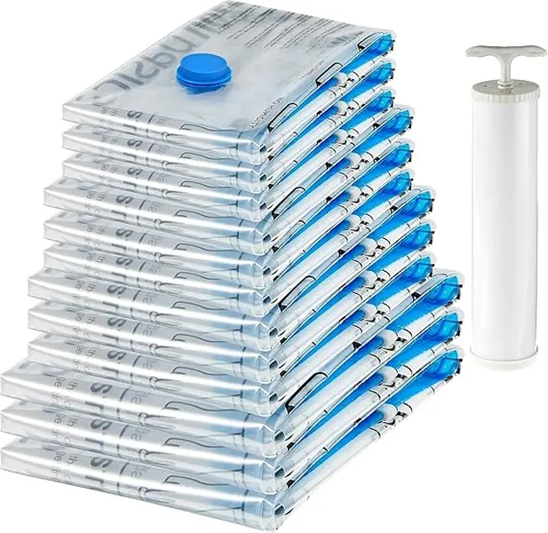 12 Pack Vacuum Storage Bags with Hand Pump | Space-Saving Compression Bags for Clothes, Blankets & Travel Storage | 3 Small, 3 Medium, 3 Large & 3 Jumbo | Clear