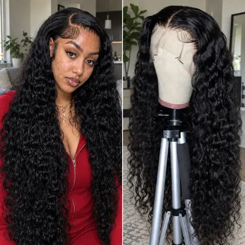 【$93.99=30 Inch】13×4 HD Lace Front Deep Wave Human Hair Wig, Pre-Plucked Baby Hair, 427/99J/Natural Black, Soft Deep Curly Wig for Women