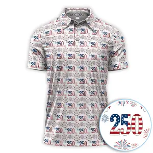 USA 250th Anniversary Golf Polo Shirt – American Flag 1776–2026 Fireworks Print, Breathable Lightweight Polo for Men
