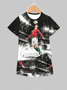 Summer Boys Ronaldo Portugal Set, Soccer Headprint Short Sleeve Shorts, Comfortable Breathable Sporty, Summer Sweat-Free Wear