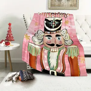 Cozy Pink Flannel Christmas Blanket with Nutcracker Snowflake Design Soft Warm Throw for Winter Holidays, Perfect for Couch