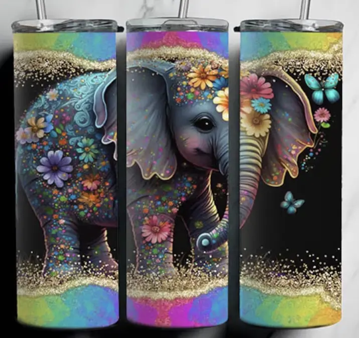 3 Elephant Design Tumbler Drinkware Flasks Lid Stainless Insulation Straw Bottled Portable Water Bottles Beverage Coffee