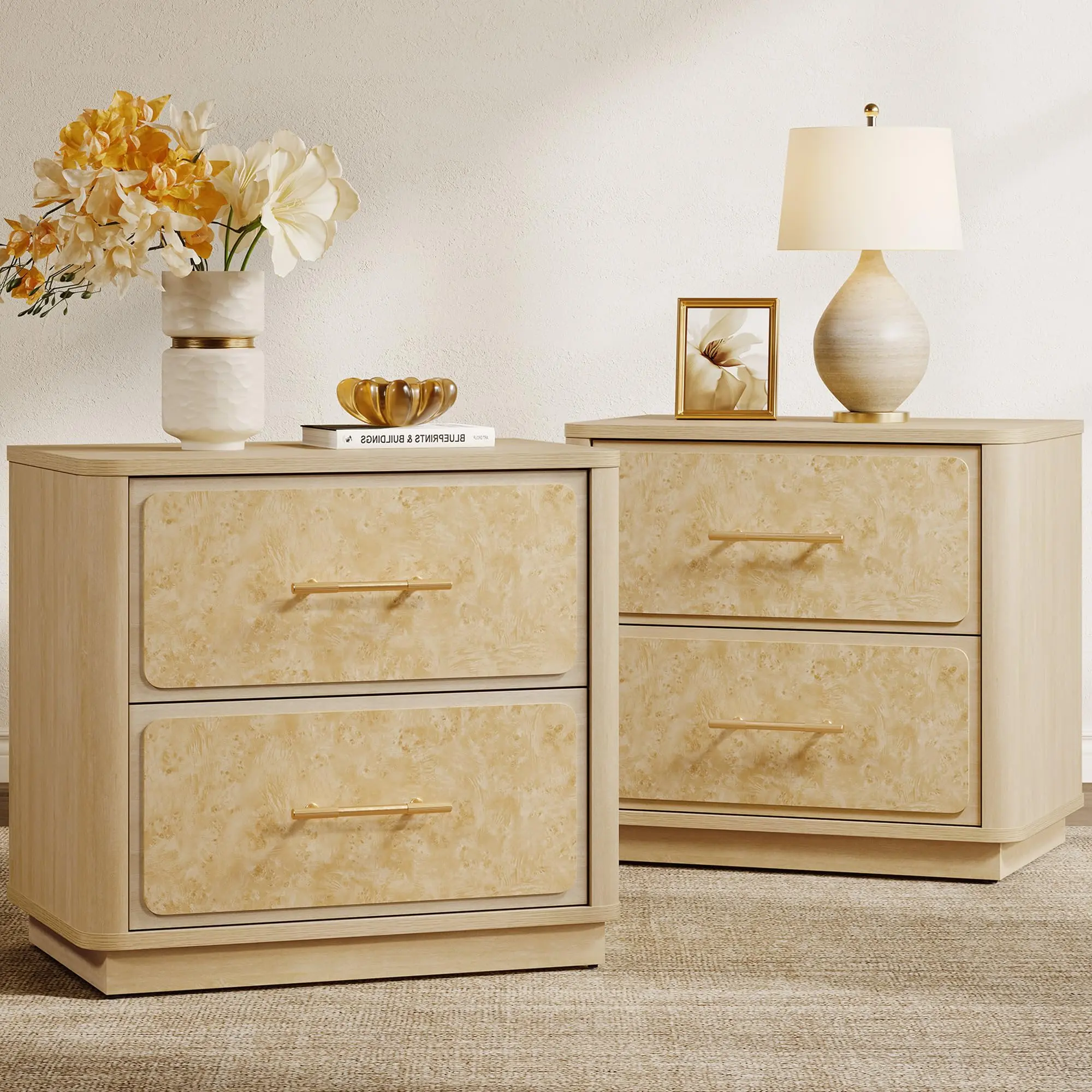 SICOTAS 2-Piece End Table Combo - 24.8" Wide Modern Burl Wooden Nightstands, Convertible Bedside Tables with 2 Deep Drawers & Rounded Edges, 55 lbs Sturdy Easy-Setup Pieces for Modern Bedroom Office