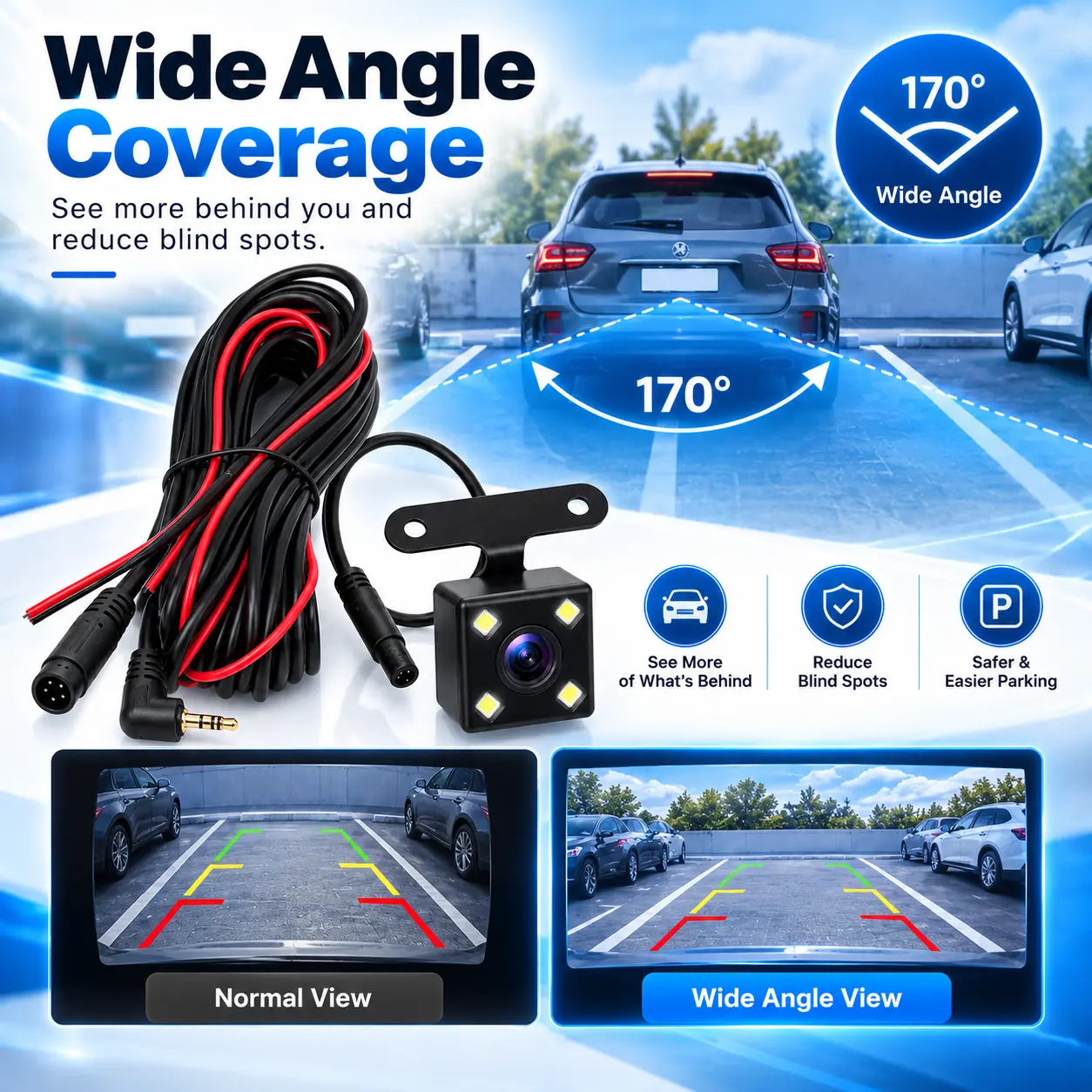 HD Car Rear View Camera 4 LED Night Vision 5 Pin Interface Type C Waterproof 170 Degree Wide Angle Zoom Reverse Backup Cam Parking Assist Easy Install Compatible with G930 G900 G840S G840H Car Safety Gadget Car Electronics Universal Fit for Truck SUV Van