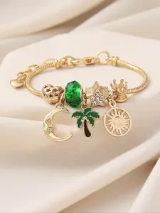 Saudi Arabia 95th Anniversary Palm Tree Sun Moon Star Crown Beaded DIY Copper Charm Bracelet for Women, Casual Party Jewelry Gift