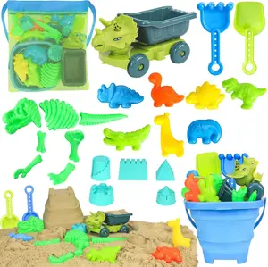 Beach Toys, Dinosaur Sand Toys with Dump Truck and Collapsible Beach Bucket, Shovel and Rake, Mesh Bag, Animal Dinosaur Sand Molds, Sand Castle Toy, Sandbox Toys for Toddlers Kids Boys