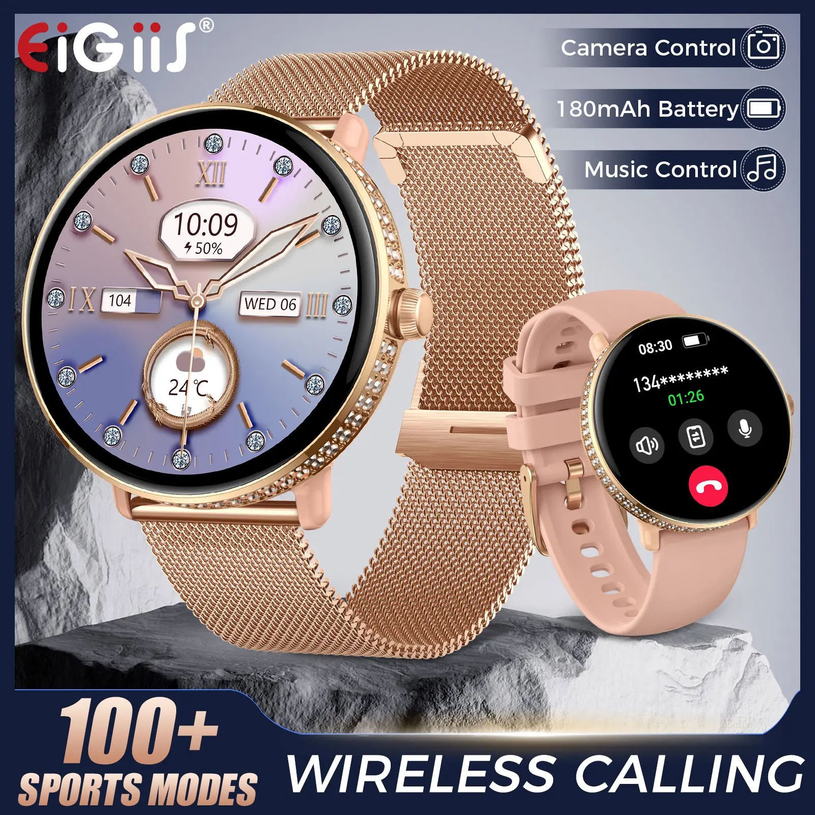 EIGIIS Women's Elegant AMOLED Touchscreen Tech Smart Watch - 1.3'' HD Interactive Electronic Wristwatch, IP68 Rated, Bluetooth Sync, 100+ DIY Faces, Music Player, Yoga Tracker, Magnetic Charge, Call + Pedometer, Android & iOS Compatible, Gifting Option