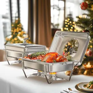 WARMOUNTS Chafing Dishes for Buffet with Glass Lid (9QT, 2/4Pack) - Food-Grade Stainless Steel, Rolled rim Design, Foldable Frame, Lid Holder, Buffet Servers and Warmers Parties, Catering, Weddings