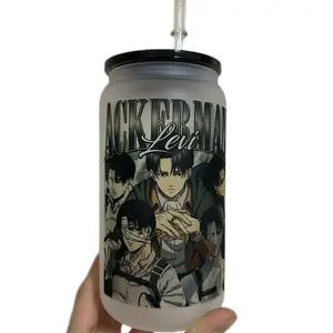 Levi Ackerman Attack on Titan Glass Cup Bamboo Drinkware Lid Tumblers Portable Sturdy Reusable Straw
