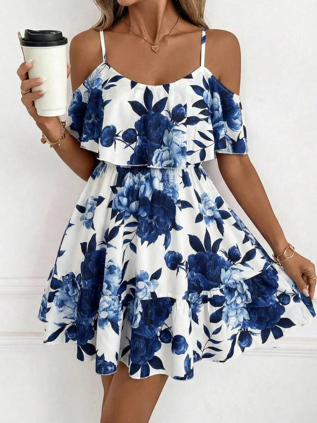 Women's Ruffle V-Neck Short Sleeve Thin Strap Ruffled Floral Dress, Elegant Lightweight Off-The-Shoulder Dress, Blue Beach Dress for Casual Summer Vacation & Party
