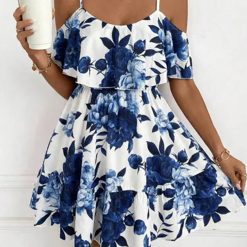 Women's Ruffle V-Neck Short Sleeve Thin Strap Ruffled Floral Dress Elegant Lightweight Off-The-Shoulder Dress, Blue Beach Dress for Casual Summer Vacation & Party, Ditsy Floral Print