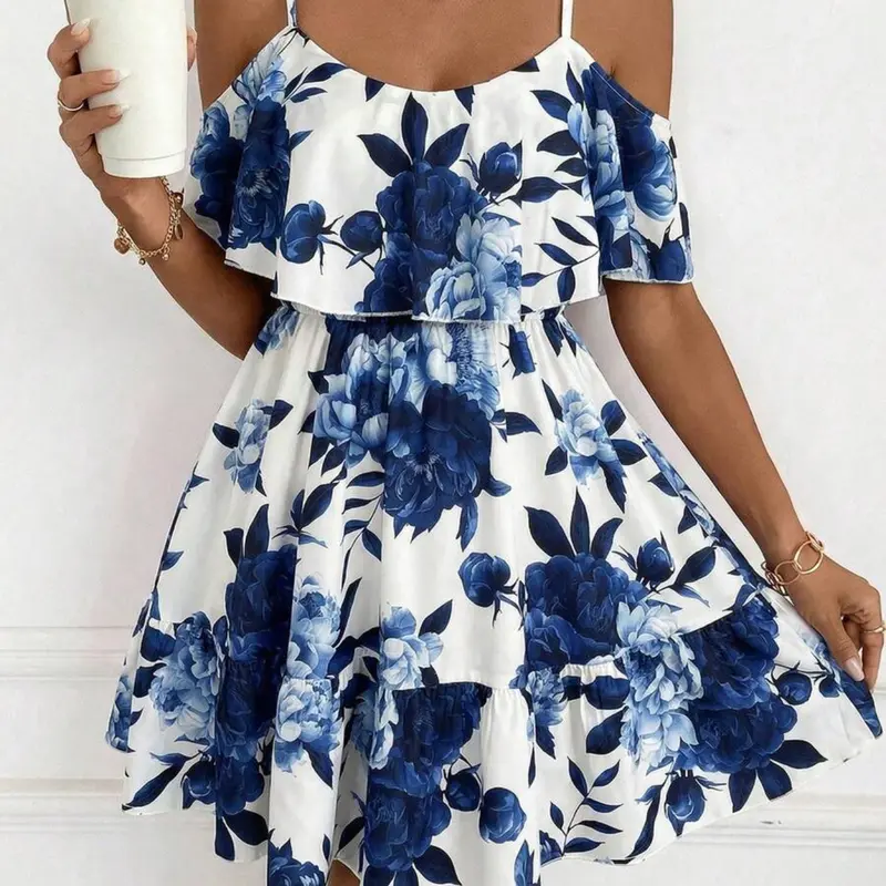 Women's Ruffle V-Neck Short Sleeve Thin Strap Ruffled Floral Dress Elegant Lightweight Off-The-Shoulder Dress, Blue Beach Dress for Casual Summer Vacation & Party, Ditsy Floral Print