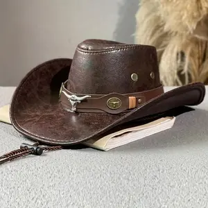 [Wide Brim Cowboy Hat Sun Protection] Western Cowboy Hat with Bull Head Buckle & Rivets - Wide Brim, Sun Protection for Outdoor Activities, Faux Leather Style tourism beach vacation casual cap