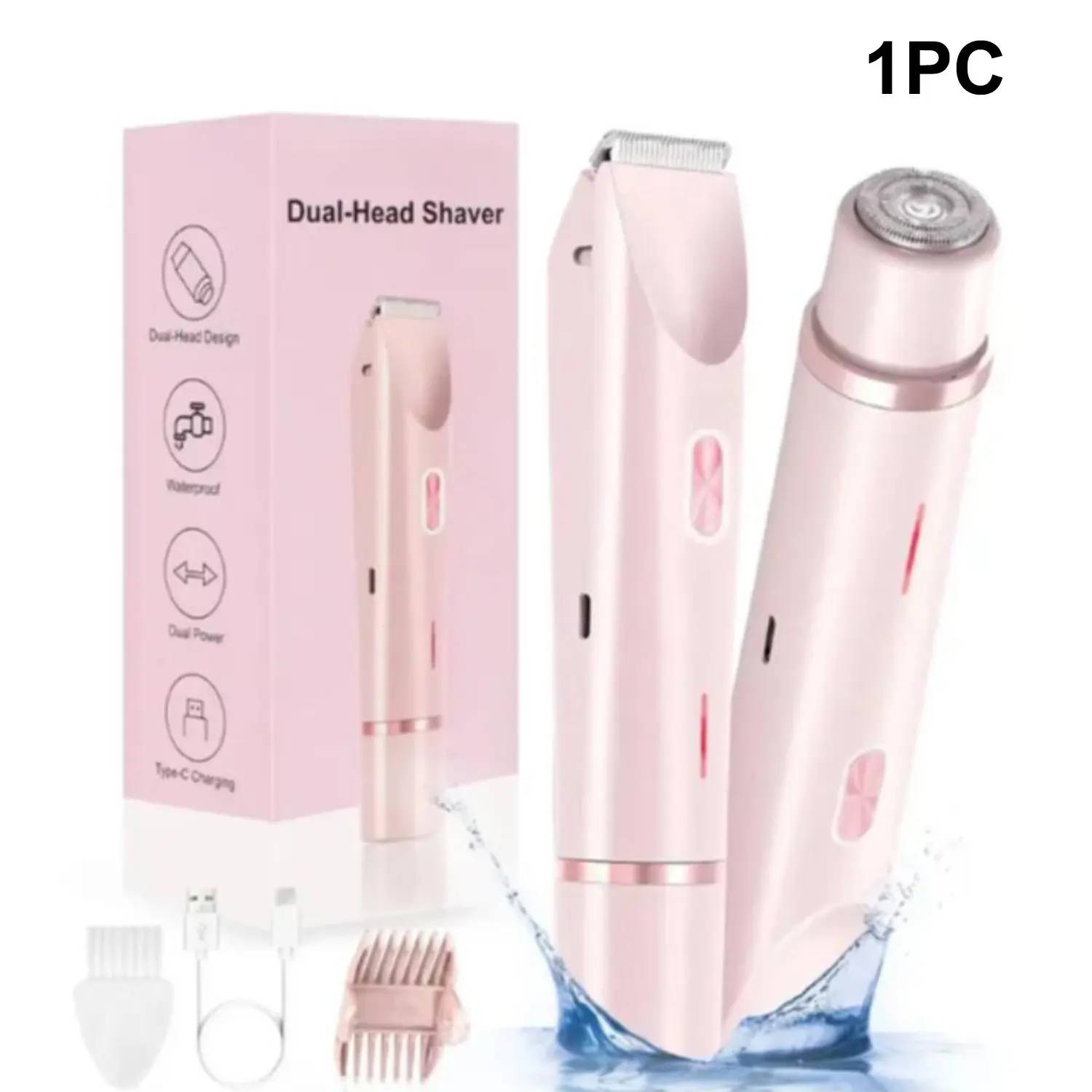 Glowshave 2-In-1 Bikini Razor, Dual Head Shaver, Cordless Waterproof Shaver, Ipx7 Waterproof Dry/wet Electric Body Trimmer, Non-Button Cell Lithium Battery, Women's Shaving Tool