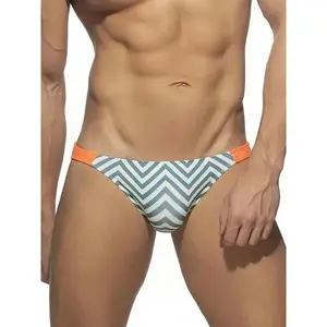 Men's Low-Rise Striped Swim Briefs - Fashionable Blue & Orange Chevron Pattern, High-Stretch Nylon Blend, Comfortable & Stylish for Swimming or Beachwear, Beachwear Essentials |   Stylish Swimwear |   Comfortable Fit