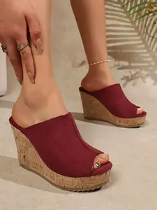 Women's Faux Suede Cork Heel Mules, Fashion Thick Sole Slip-On Sandals, Open-Toe, Non-Slip, Spring Summer Casual Shoes