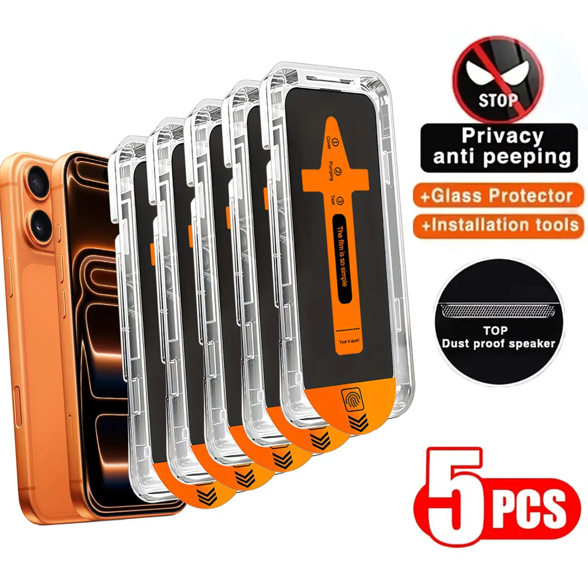 5pcs Full Cover Privacy Screen Protector For iPhone 17/16/15/14/13/12/11/17 Pro Max/16 Pro Max/15 Pro Max/Plus/Mini/X/XS/XR, 9H Tempered Glass Film, Dynamic Island Compatible, Anti-Scratch, Anti-fingerprint, Protective, Case Friendly, Privacy Screen Guard