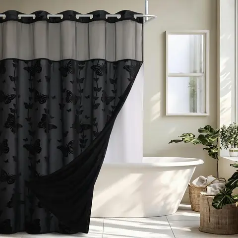 No‑Hook Black Butterfly Shower Curtain, Detachable Snap Liner With Magnets, Mesh See‑Through Top, Waterproof Bathroom Decor