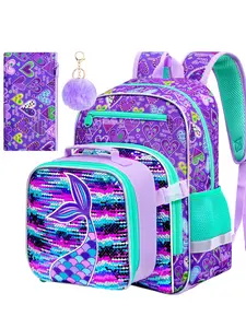 3PCS Girls Mermaid Backpack Set, 16" Kids Sequins Bookbag with Clip-On Lunch Bag and Pencil Bag, School Bag for Preschool Toddler