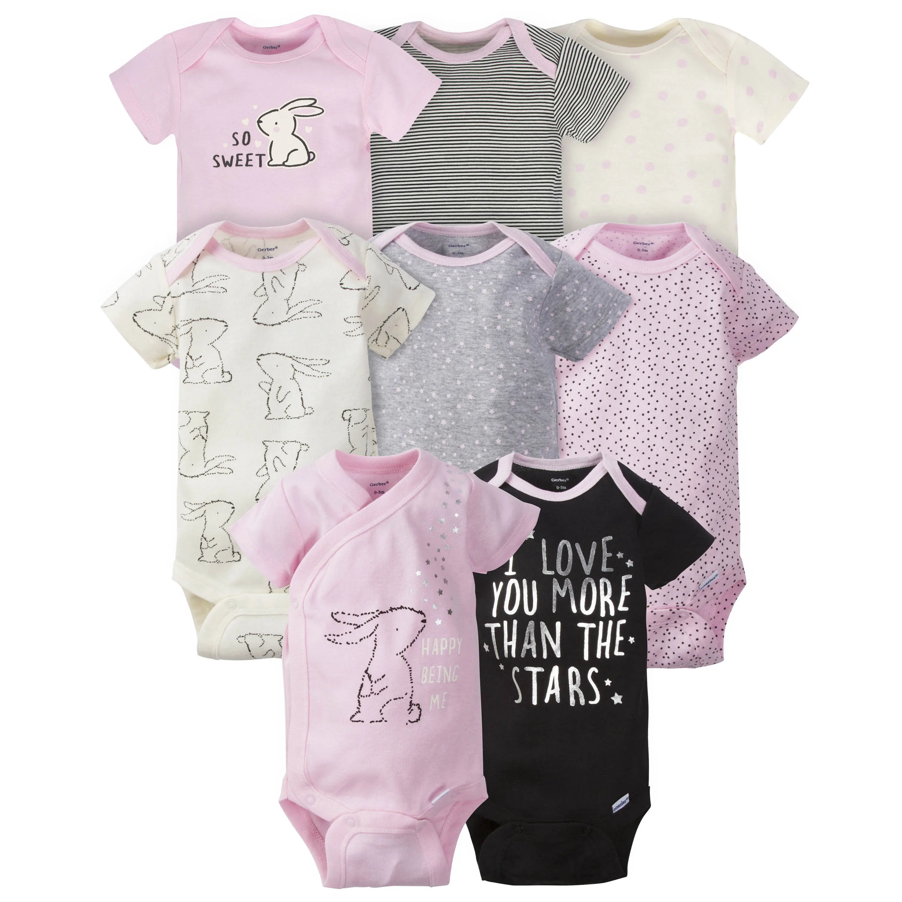Gerber Baby Girls' Short Sleeve Onesies, 8 pack, Bunny