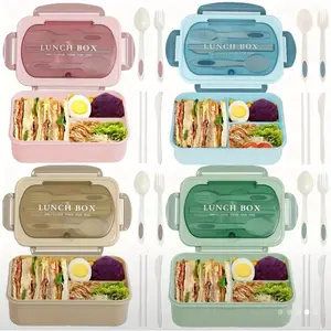 Transport-Bus Tubs 1 Set Adult Bento Box 3 Compartments Lunch Container with Spoon Fork Chopsticks Microwave & Dishwasher Safe Food Storage