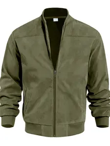 Men's Solid Color Suede Long Sleeve Jacket, Fall & Winter Casual Vintage Style Coat with Zipper Pockets, Classic Men's Denim Outerwear, Casual Fashionable Jacket