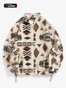 Women's Ethnic Pattern Drawstring Zip Up Coat, Casual Fashion Cozy Mock Neck Drop Shoulder Long Sleeve Outerwear For Daily Wear, Women's Fall & Winter Clothes