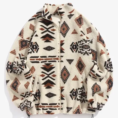 Women's Ethnic Pattern Drawstring Zip Up Coat, Casual Fashion Cozy Mock Neck Drop Shoulder Long Sleeve Outerwear For Daily Wear, Women's Fall & Winter Clothes