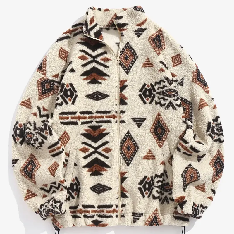 Women's Ethnic Pattern Drawstring Zip Up Coat, Casual Fashion Cozy Mock Neck Drop Shoulder Long Sleeve Outerwear For Daily Wear, Women's Fall & Winter Clothes