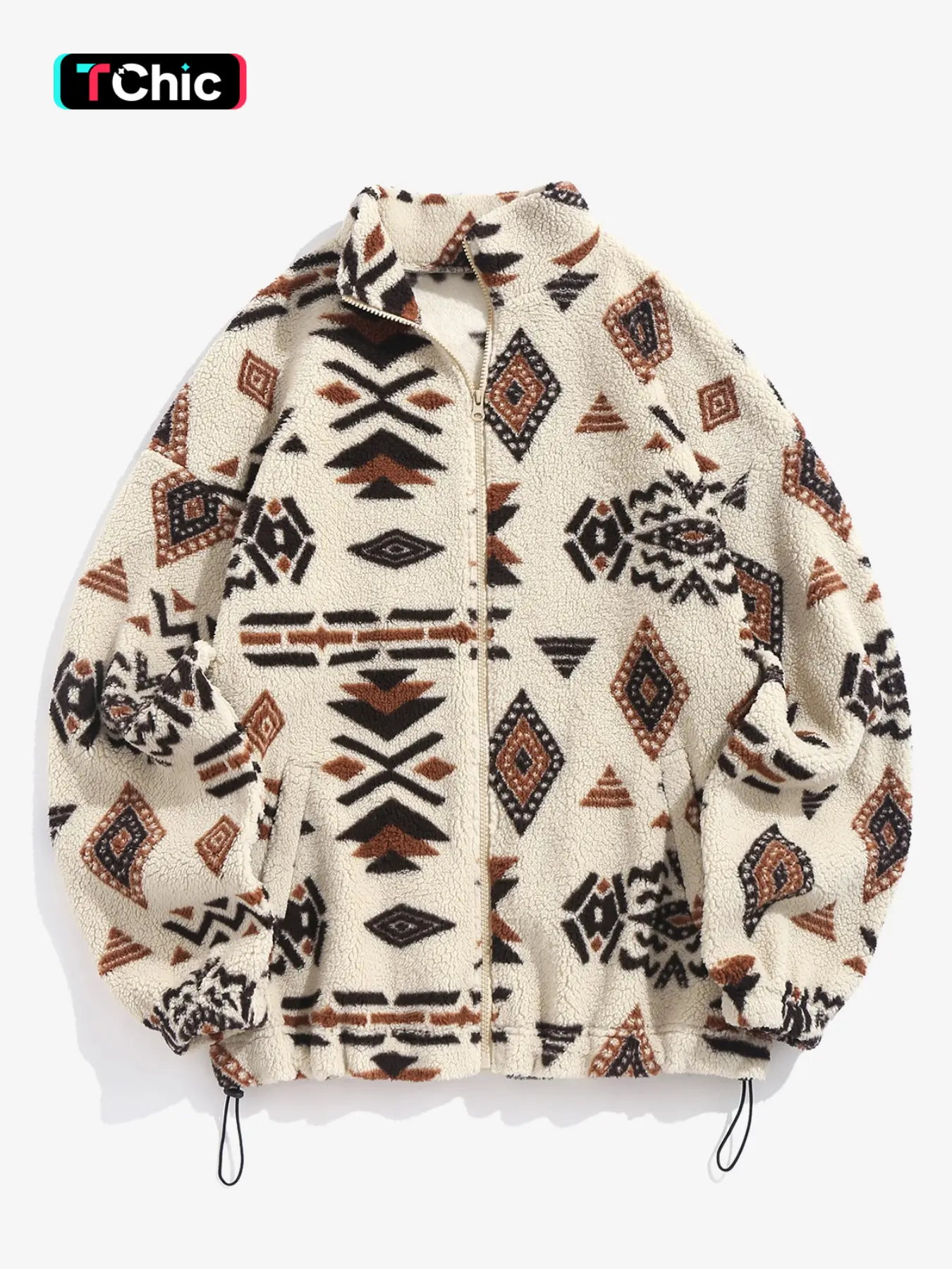 Women's Ethnic Pattern Drawstring Zip Up Coat, Casual Fashion Cozy Mock Neck Drop Shoulder Long Sleeve Outerwear For Daily Wear, Women's Fall & Winter